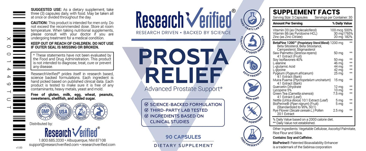 Research Verified Prosta Relief - Saw Palmetto and Bioperine - Prostate Health, Bladder & Urinary Health, Drive and Performance - Pure Natural, 90 Capsules (Pack of 1)