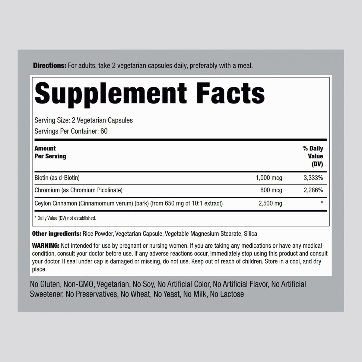Piping Rock Ceylon Cinnamon Capsules | 120 Pills | Complex Supplement with Chromium and Biotin | Vegetarian, Non-GMO, Gluten Free