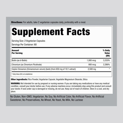 Piping Rock Ceylon Cinnamon Capsules | 120 Pills | Complex Supplement with Chromium and Biotin | Vegetarian, Non-GMO, Gluten Free