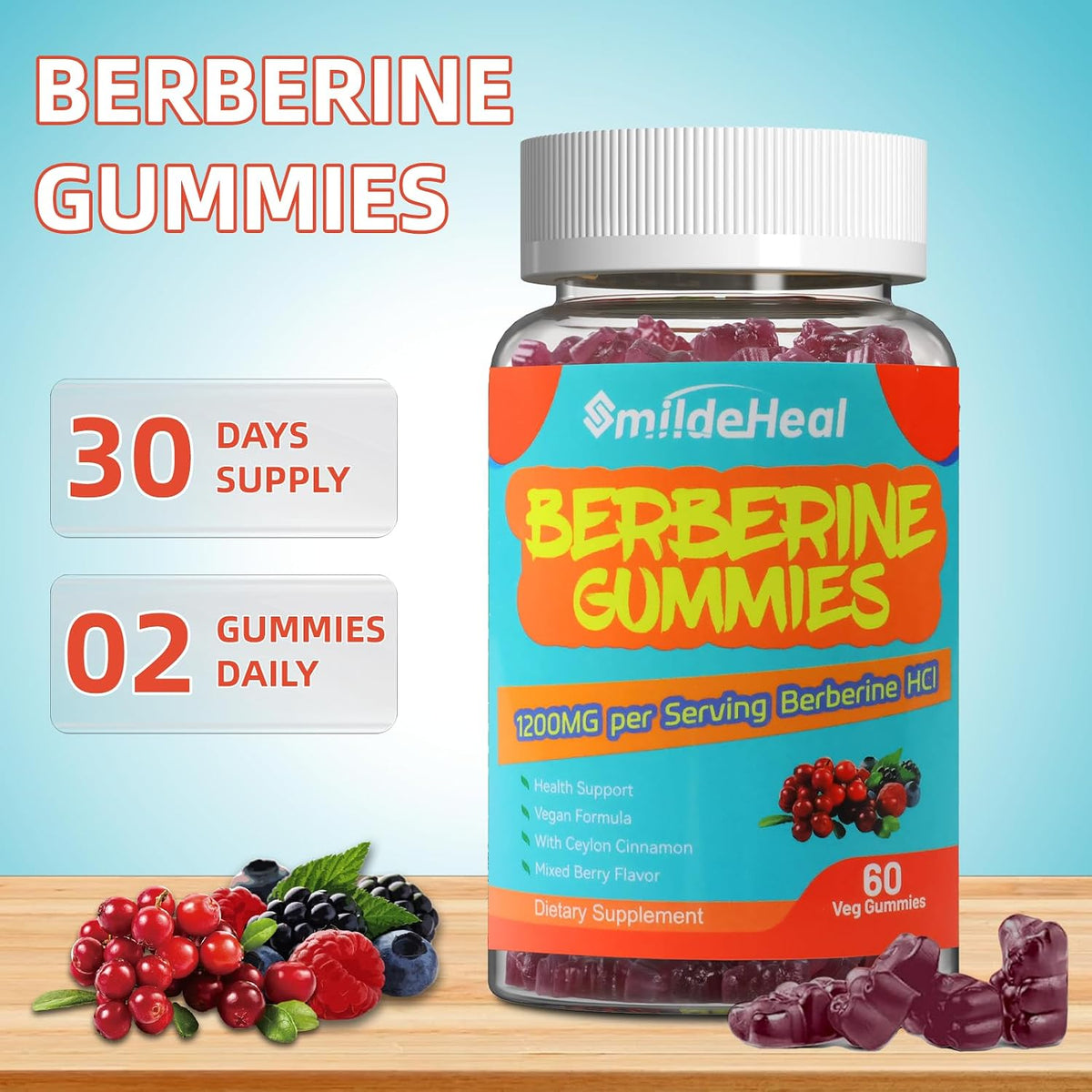 Berberine Gummies 1200mg with Ceylon Cinnamon 200mg, Milk Thistle Extract & Turmeric, Vegan Berry Flavor, Non-GMO, Gelatin-Free, Gluten-Free, 60 Count