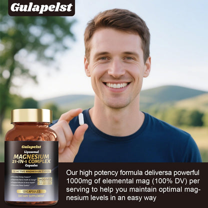 21 in 1 Liposomal 1400mg Magnesium Complex (Citrate, Glycinate, Malate etc) Capsule - 12 Active Types Magnesium with Vitamin D3, B6, B12, C, Ashwagandha & CoQ10 for Women & Men