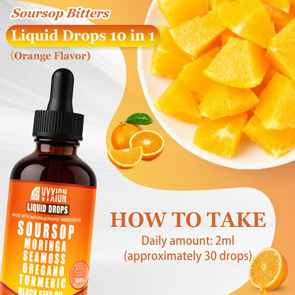 Soursop Bitters Liquid Drops 10 in 1 with Sea Moss, Moringa, Turmeric, Black Seed Oil, Oregano, Ashwagandha | Herbal Extracts for Overall Health-Enhancing |Vegan, Non-GMO| 2 Fl Oz(Mixed Berry Flavor)