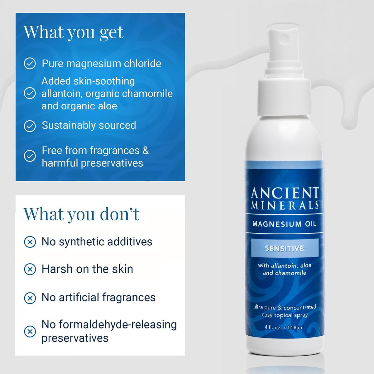 Ancient Minerals Magnesium Oil Spray Sensitive, Aloe & Chamomile, 4oz | Zechstein magnesium chloride with allantoin, organic chamomile & aloe vera. Gentler formula for sensitive skin. 4 fl oz.