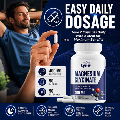 Magnesium Glycinate 400mg per Serving (60mg Elemental Magnesium) – 90 Capsules, High Absorption Chelated Magnesium Supplement for Sleep, Calm, Muscle Recovery & Nervous System Support