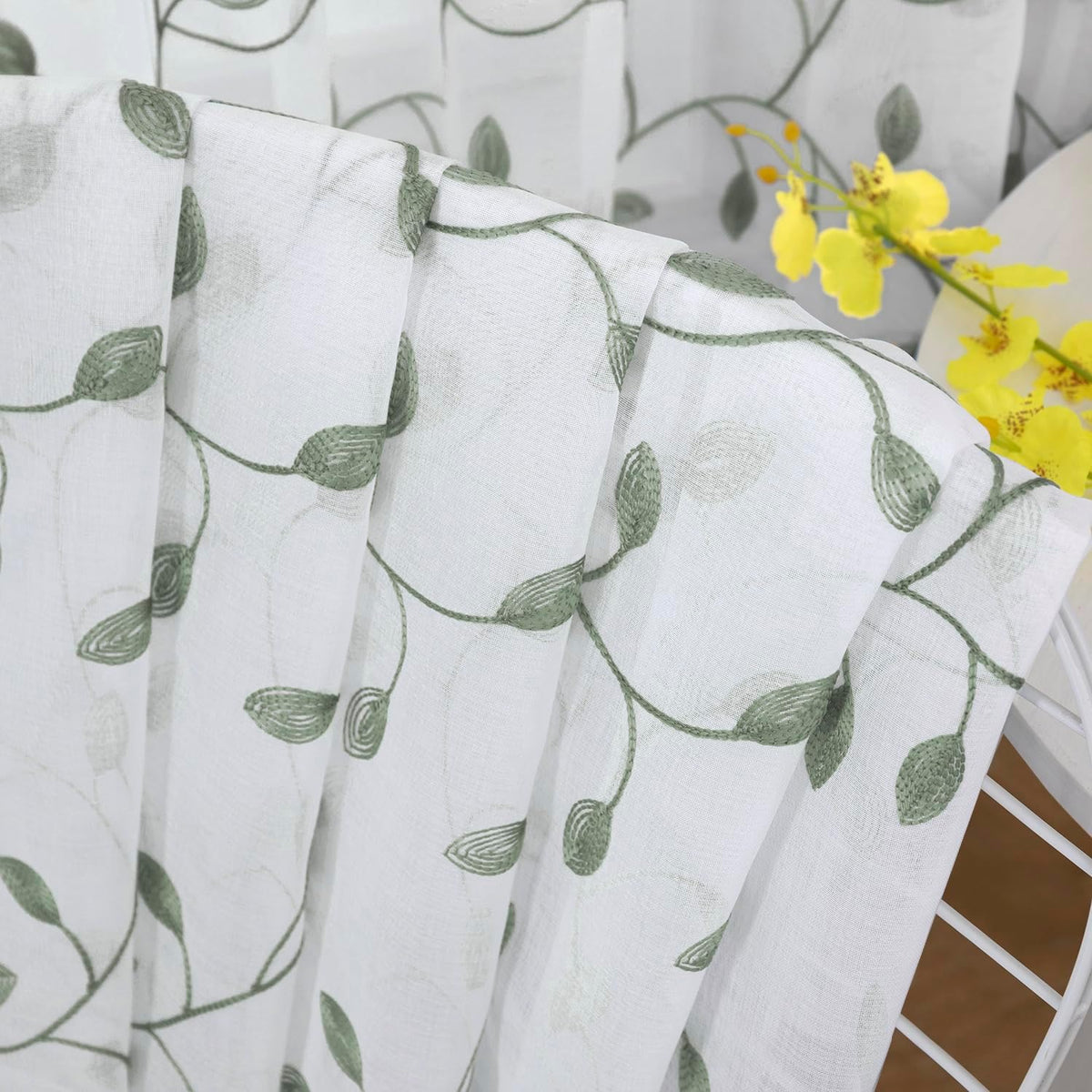 Tollpiz Leaves Short Sheer Curtains Sage Green Leaf Embroidery Bedroom Curtain Rod Pocket Voile Faux Linen Embroidered