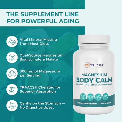 Reignite Wellness by JJ Virgin | Magnesium Body Calm | Chelated Magnesium Supplement for Energy Production, Sense of Calm & Immune Support | Magnesium Bisglycinate Chelate Complex | 120 Capsules