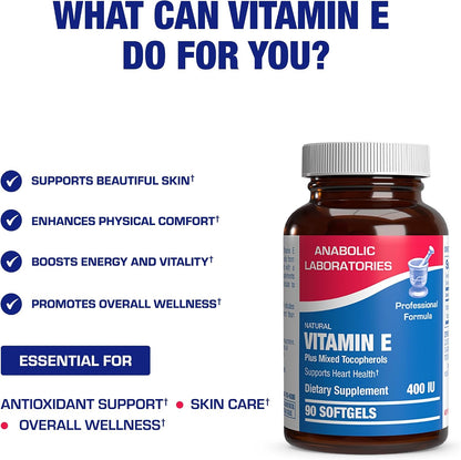 Vitamin E 400 IU Softgels - Clinical Formula Natural Vitamin E Supplement Complex with d-Alpha Tocopherol & Mixed Tocopherols for Hair Skin & Nails Plus Antioxidant Immune Support - 90 Servings