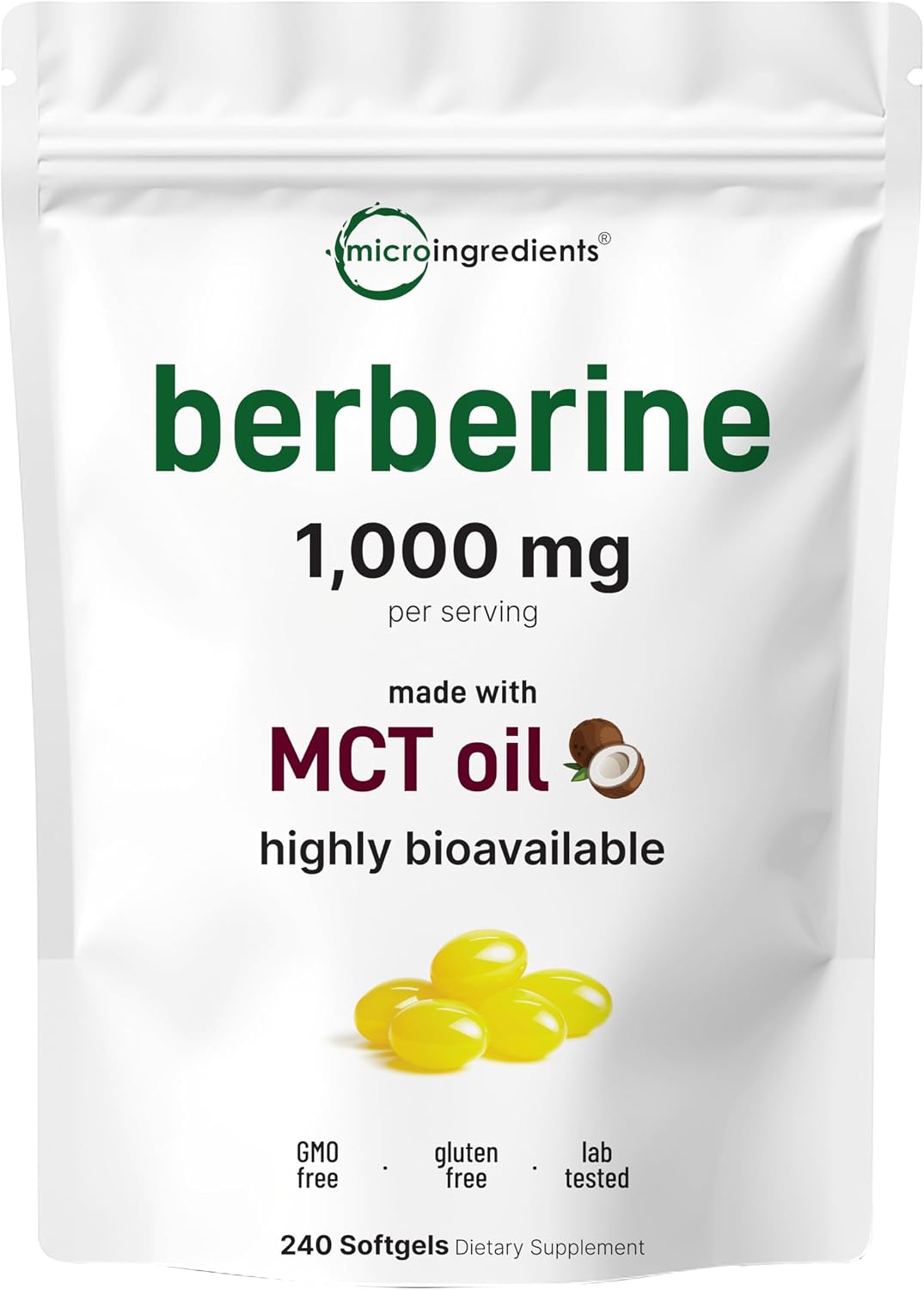 Micro Ingredients Berberine 1000mg with MCT Oil, 240 Softgels | Berberine HCl Supplement | Sourced from Berberis Aristata | Non-GMO, Gluten Free, No Soy