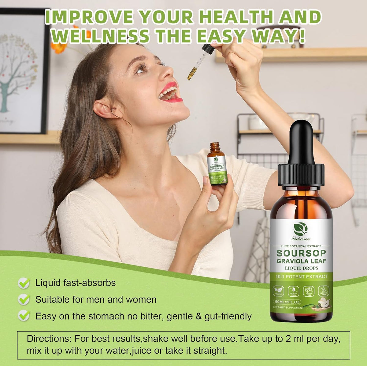 Lukaree Pure Soursop Graviola Leaves Extract - Immune Energy & Gut Support | Soursop Bitters Liquid Drop for Cell Support & Regeneration – Cold Extract with High Potency– Vegan | Gluten-Free | 2 Fl Oz