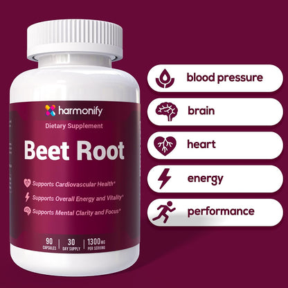Beet Root Capsules, Pure Beetroot Powder 1300 mg, Circulation Support Supplement, Vegan, Non-GMO, Gluten-Free – 90 Vegetable Capsules