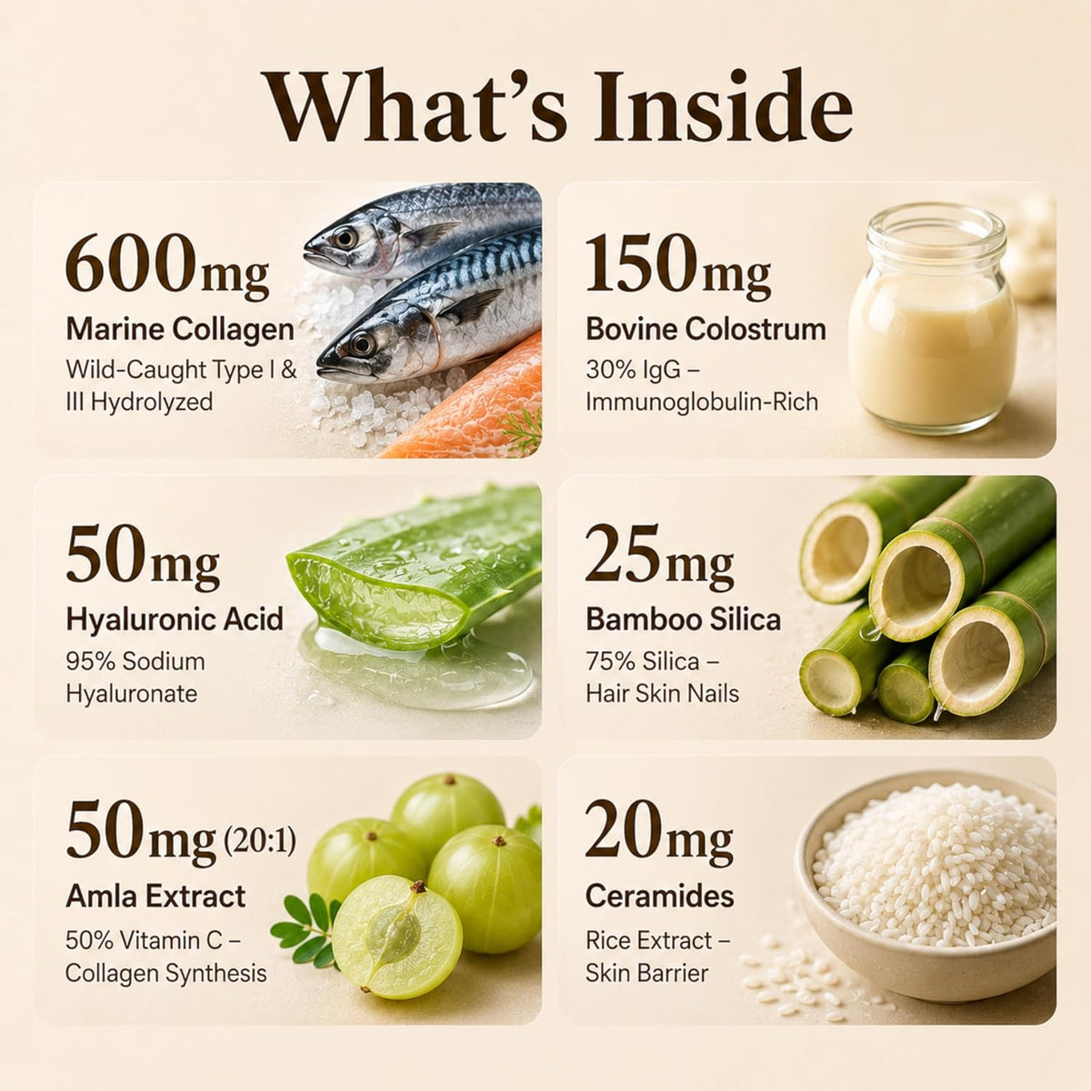 Marine Collagen Peptides Capsules, 120 Capsules with Bovine Colostrum, Hydrolyzed Type I & III Wild-Caught Formula, Hyaluronic Acid, Amla Vitamin C, Silica, Ceramides, BioPerine