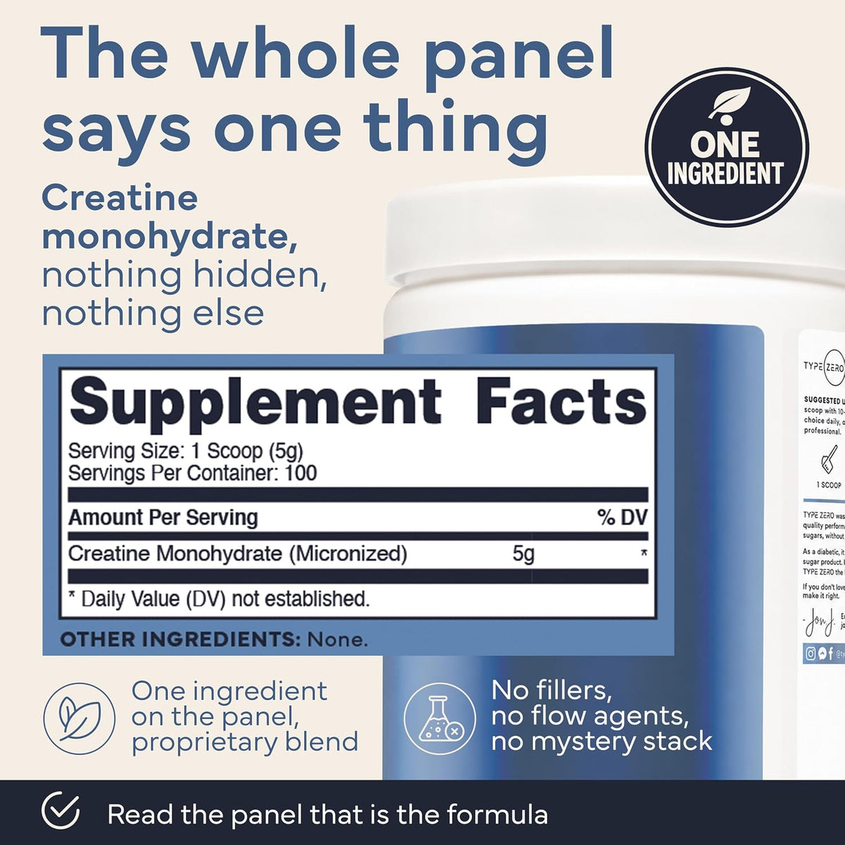 Type Zero Creatine Monohydrate Powder (Unflavored) 500 Grams, Micronized | 5000mg Per Serving, Zero Sugar, Keto Friendly & Gluten-Free, 100 Servings