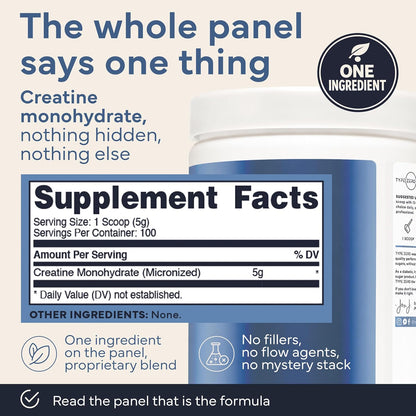 Type Zero Creatine Monohydrate Powder (Unflavored) 500 Grams, Micronized | 5000mg Per Serving, Zero Sugar, Keto Friendly & Gluten-Free, 100 Servings