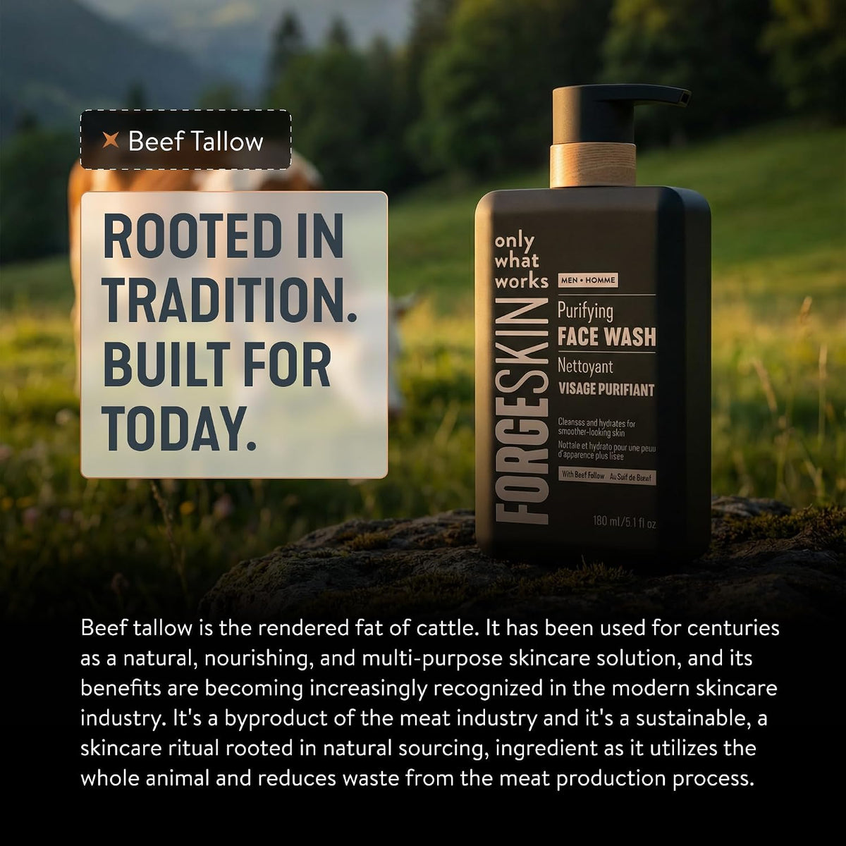 Forge Skin Beef Tallow Face Wash for Men - Morning Nourishing Hydrating Facial Cleanser - Gentle Cleansing Moisturizer for Hydration - Exfoliating Facial Skincare for Clean Skin (5 OZ)