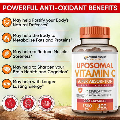 Wholesome Wellness Liposomal Vitamin C Capsules (200 Pills 1500mg Buffered) High Absorption + Food Multivitamin for Men - Natural Multi Vitamins, Minerals, Organic Extracts Bundle