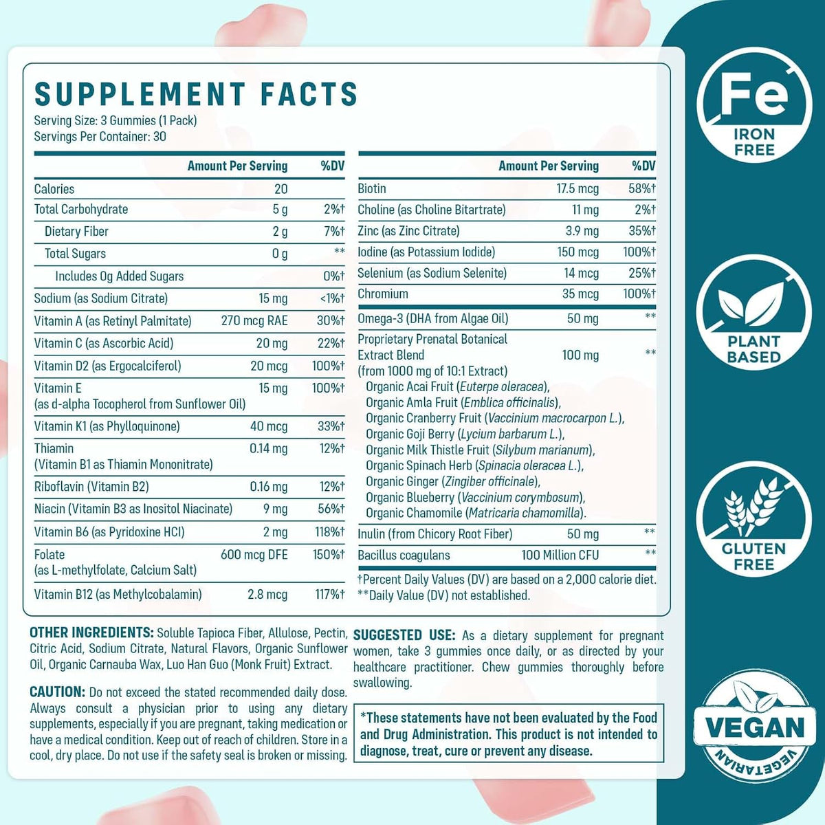 Quorinthiumax Prenatal Gummies Sugar Free 180 Count - Organics Prenatal Vitamins for Women with Folate, DHA & Probiotics - Iron Free Prenatal Vitamin Gummies for Immune & Digestive - 2 Bottles
