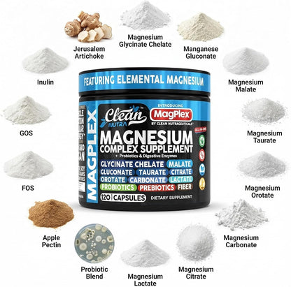 8in1 Magnesium Supplement Complex | Magnesium Glycinate Citrate Malate Gluconate Orotate Carbonate Lactate + Prebiotics Probiotics Digestive Enzymes Magnesio Capsules for Women Men By Clean Nutra