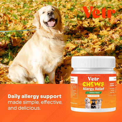 Vetr Allergy Relief Chews for Dogs - Dog Itching Skin Relief, Dog Allergy Treats with Probiotics and Omega-3 - Chicken Flavored 120 Count - Vet-Formulated in USA