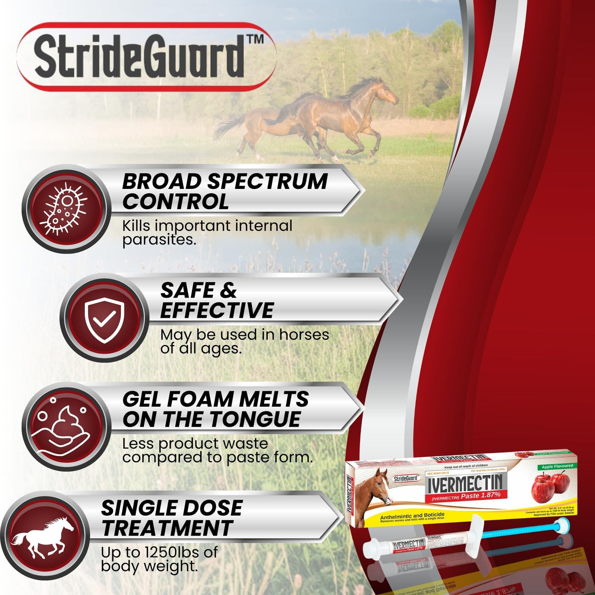 Horse Ivermectin Paste 1.87% – Apple Flavored Oral Horse Dewormer Syringe – 6.08g Tube Treats Horses Up to 1250 LB [Pack-5]