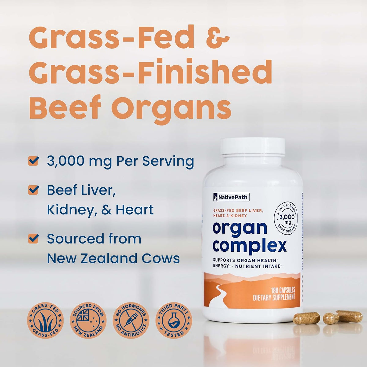 NativePath Beef Organ Complex, Liver Heart Kidney, 180 Count | Grass-Fed, Freeze-Dried, Rich In Vitamin A, B12, Iron & Choline, New Zealand Sourced, Daily Energy