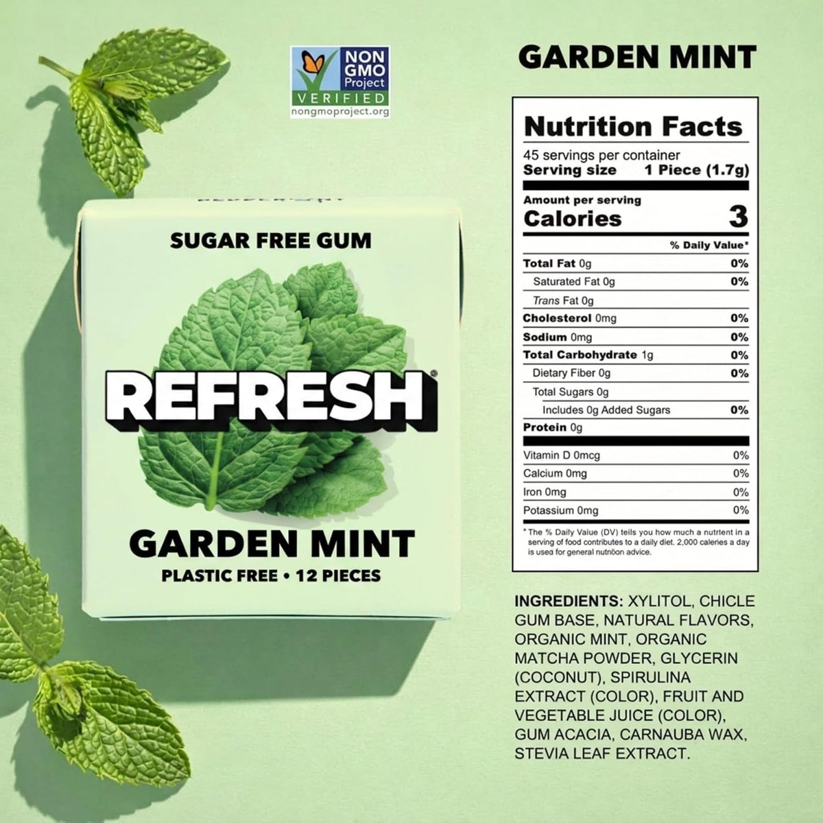 Refresh Sugar Free Chewing Gum with Xylitol, Garden Mint, 12 Pack