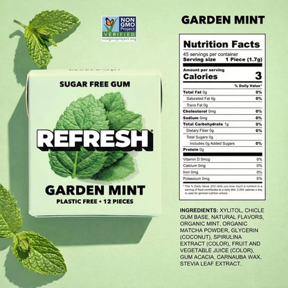 Refresh Sugar Free Chewing Gum with Xylitol, Garden Mint, 12 Pack