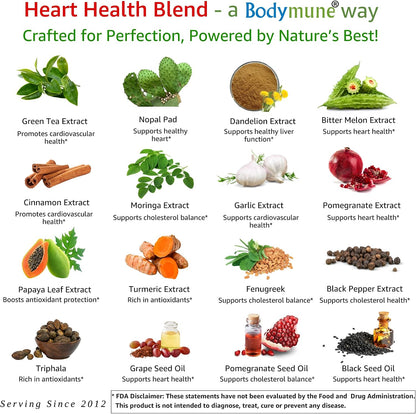 Bodymune Heart Health Blend Cholesterol Support – Organic Cardiovascular & Circulation Supplement – with Green Tea, Pomegranate & Black Seed Oil – 30Capsules – USDA Organic, Vegan (30 Count)
