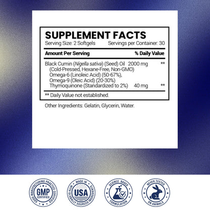 Research Verified Black Seed Oil - 60 Softgels - Boost Immunity, Support Digestion, Improve Respiratory Function - Cold-Pressed - 2% Thymoquinone (TQ)