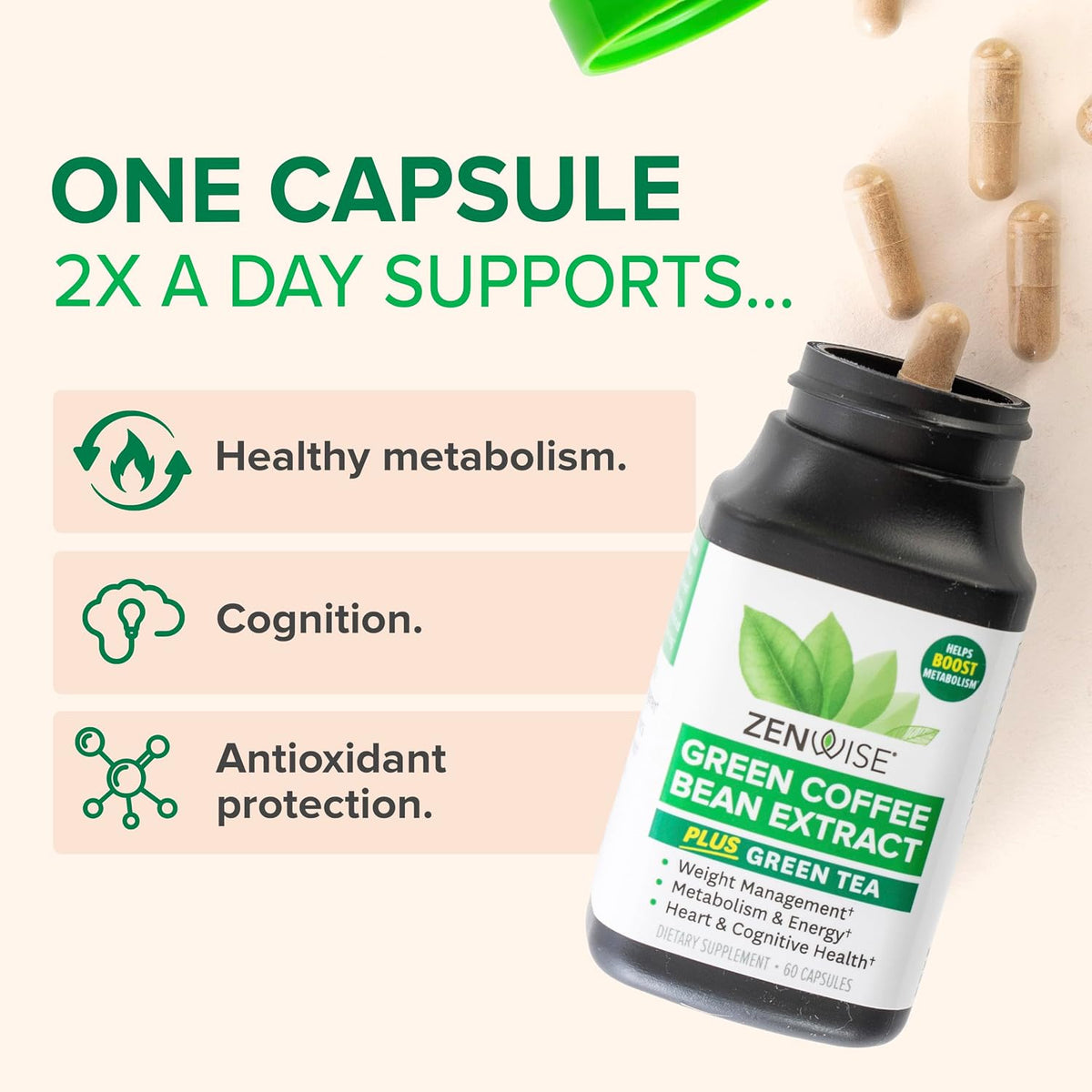Zenwise Health Green Coffee Bean, Green Tea Extract Capsules - 60 CT | Capsules, 50% EGCG, 98% Polyphenols, Coffee Bean Extract, Antioxidant, Heart Brain & Metabolism Support