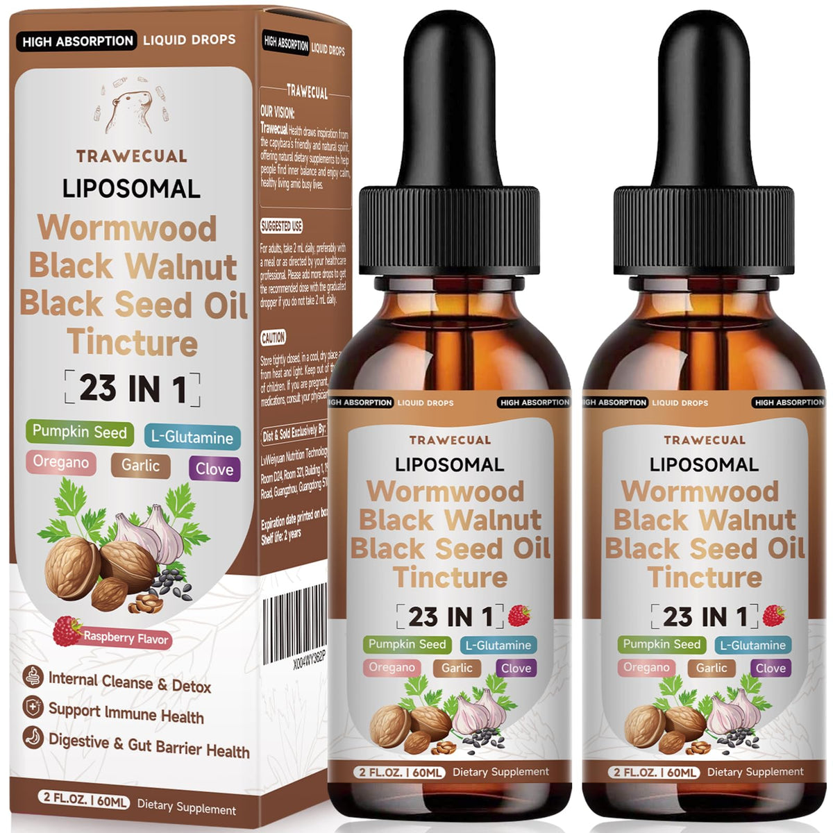 Wormwood Black Walnut Clove Cleanse Drops with Black Seed Oil, Pumpkin Seed, Oregano, Soursop, Neem, Berberine, Garlic, Rapid Gut Detox, Digestive & Gut Barrier Health, 23-in-1 with Liposomal, 2FL