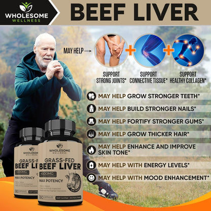Wholesome Wellness Digestive Enzymes 1000MG Plus Prebiotics & Probiotics + Grass Fed Desiccated Beef Liver Capsules Bundle