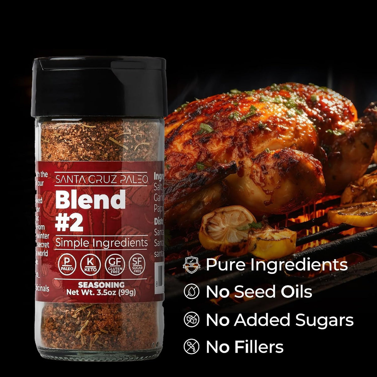 Santa Cruz Paleo, Seasoning Blend #2, Sweet and Smoky Spice for Chicken, Steak, Burgers, Wings and Ribs, Garlic, Sea Salt, Black Pepper, Rosemary and Paprika, Gluten Free, Keto, Paleo, 3.5 Oz Jar