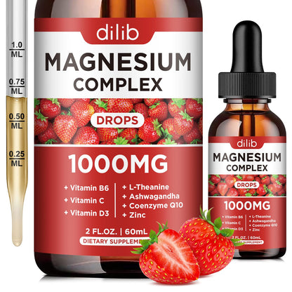 Dilib magnesium complex supplement bottle with strawberry flavor, dropper, and syringe on a white background.