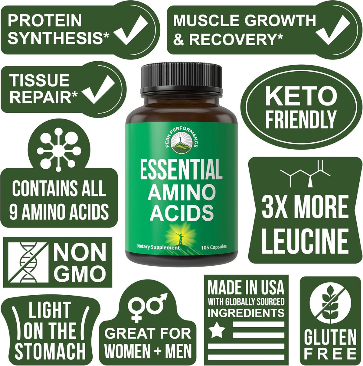 All 9 Essential Amino Acids Supplement. Capsules with 3X More Leucine for Muscle Recovery, Growth. EAA Supplement Better Than BCAA / BCAAS Branched Chain Aminos Acid. USA Tested EAAs for Men + Women