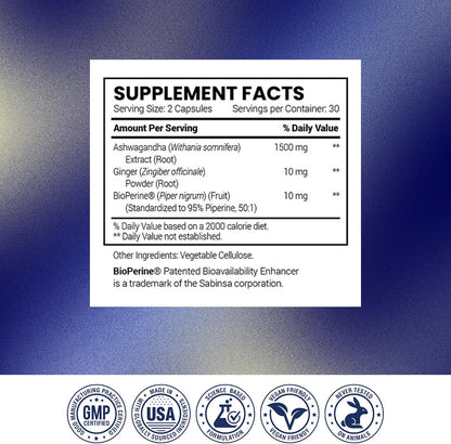 Research Verified Ashwagandha Supplement 1500mg Maximum Strength with Bioperine and Ginger Root, Enhance Cognitive Function - 60 Vegan Capsules (1 Bottle)