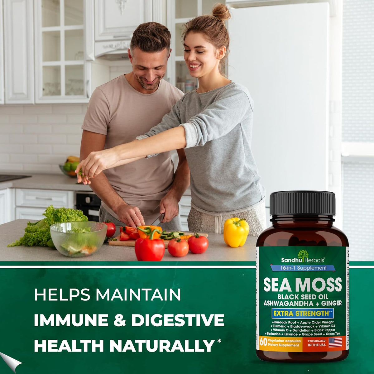 Sandhu Herbals Zinc 50mg & Sea Moss Black Seed Oil Ashwagandha Ginger Burdock Root Supplement for Men & Women| Made in USA