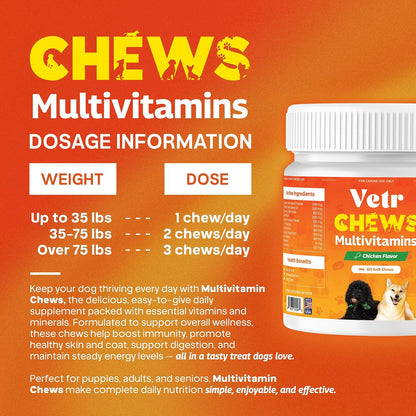 Vetr Dog Multivitamin Treats, 120 Chews Chicken Flavor, Daily Pet Dog Vitamins and Supplements with Glucosamine, Chondroitin, & Probiotics, Hip & Joint, Immune Support, & Digestive Care
