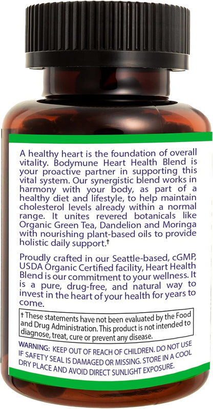 Bodymune Heart Health Blend Cholesterol Support – Organic Cardiovascular & Circulation Supplement – with Green Tea, Pomegranate & Black Seed Oil – 30Capsules – USDA Organic, Vegan