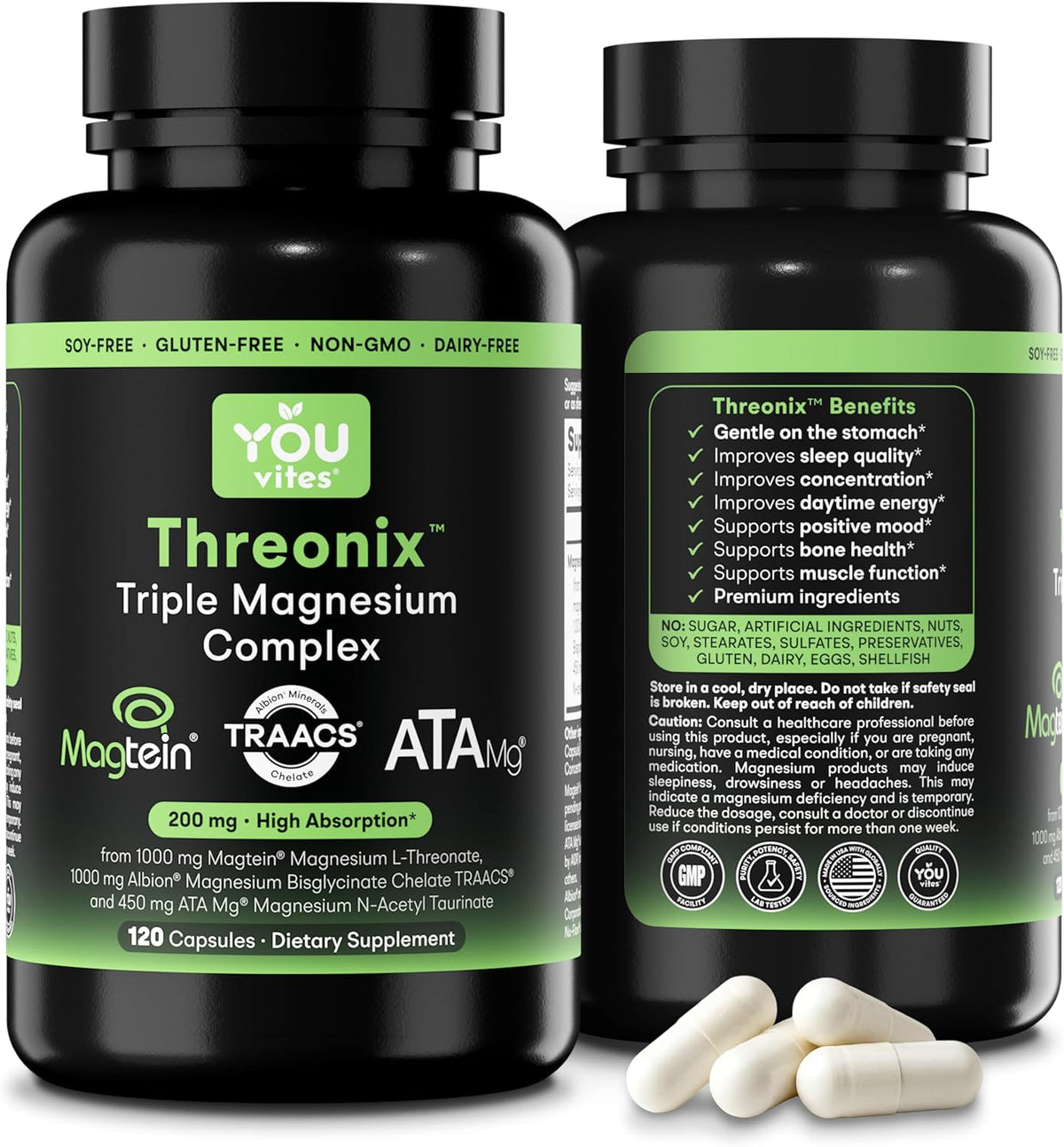 Threonix Triple Magnesium Complex - Magtein L-Threonate, Bisglycinate Chelate TRAACS & ATA Mg - Brain, Sleep, Mood & Focus Support - High Absorption, Gentle on Stomach - 120 Capsules