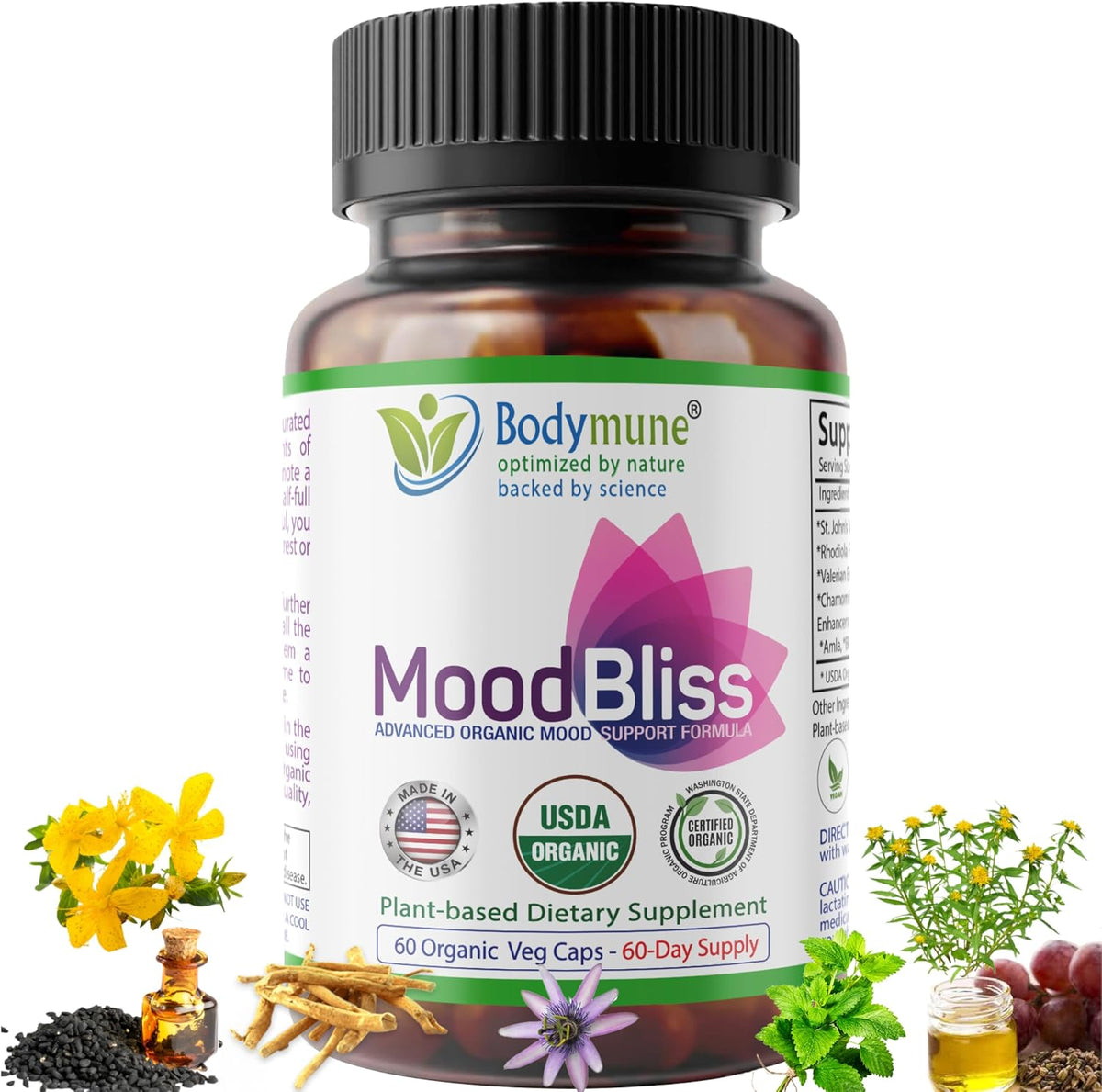 Bodymune Organic MoodBliss | Supports a Calm, Relaxed & Positive Mood* | with Ashwagandha, St. John's Wort & Lemon Balm | USDA Organic, USA-Made, Non-GMO, Gluten-Free - 60 cts.