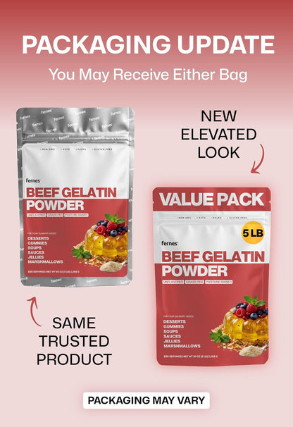 Fernes Bulk Beef Gelatin Powder (5 LB) Unflavored - Grass-Fed & Pasture-Raised, 225 Bloom Thickening Agent for Gummies, Marshmallows, Desserts & Baking - Keto, Paleo, Non-GMO, Kosher, Gluten-Free