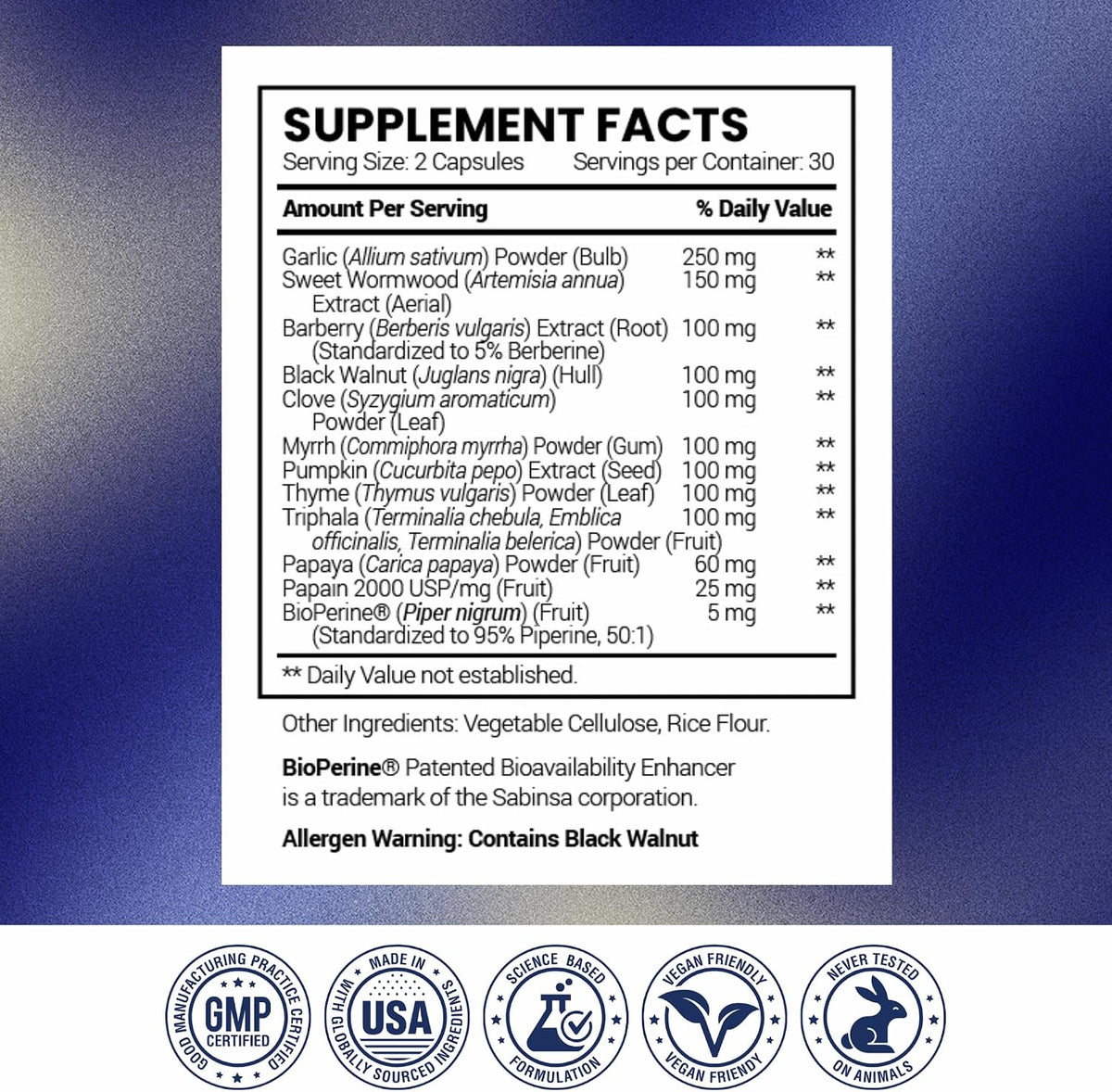 Research Verified Paraset - 120 Capsules - Natural Gut Health Enhancer - Garlic Bulb, Papain, Sweet Wormwood, Black Walnut, BioPerine - Vegan