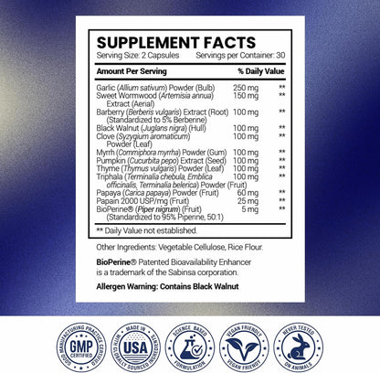Research Verified Paraset - 120 Capsules - Natural Gut Health Enhancer - Garlic Bulb, Papain, Sweet Wormwood, Black Walnut, BioPerine - Vegan