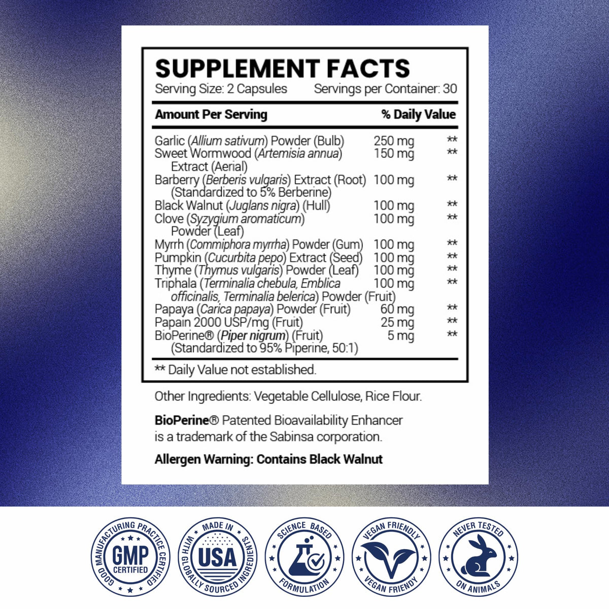 Research Verified Paraset - 120 Capsules - Natural Gut Health Enhancer - Garlic Bulb, Papain, Sweet Wormwood, Black Walnut, BioPerine - Vegan