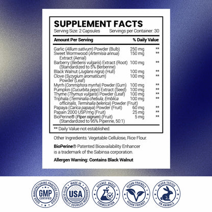 Research Verified Paraset - 120 Capsules - Natural Gut Health Enhancer - Garlic Bulb, Papain, Sweet Wormwood, Black Walnut, BioPerine - Vegan