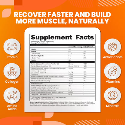 Protein Clinic - Collagen Protein Powder Recovery Shake, Vanilla | Dairy-Free with myHMB, CherryPURE and Prebiotic Fiber for Muscle, Joint and Digestive Support, Vitamin D3 and K2