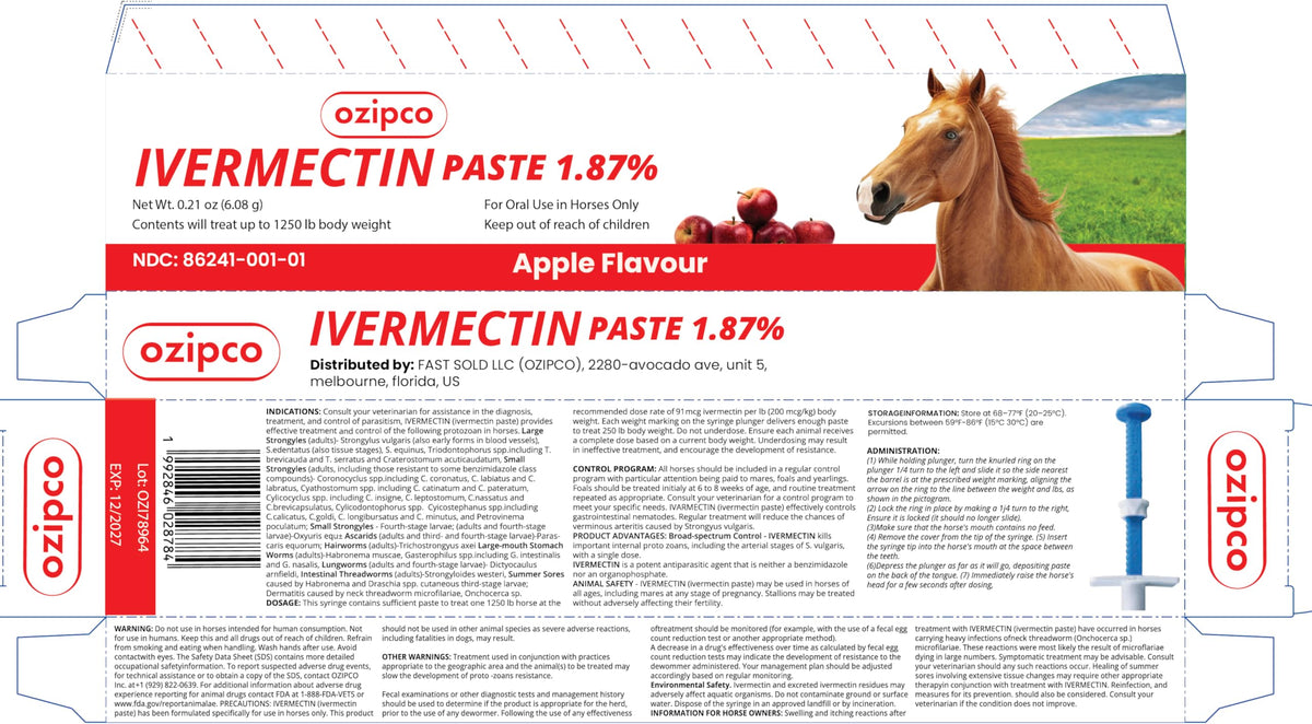 Ivermectin Horse Paste 1.87% | Apple Flavor – 6.08g Syringe for Equine Use Only Up to 1250 LB