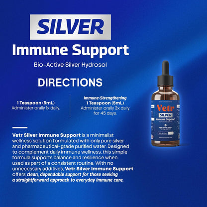 Vetr Silver Immune Support for Dogs and Cats, 4oz/120mL Liquid in Amber Bottle with Oral Dropper, Professional Grade Colloidal Silver Supplement for Daily Wellness and Seasonal Defense