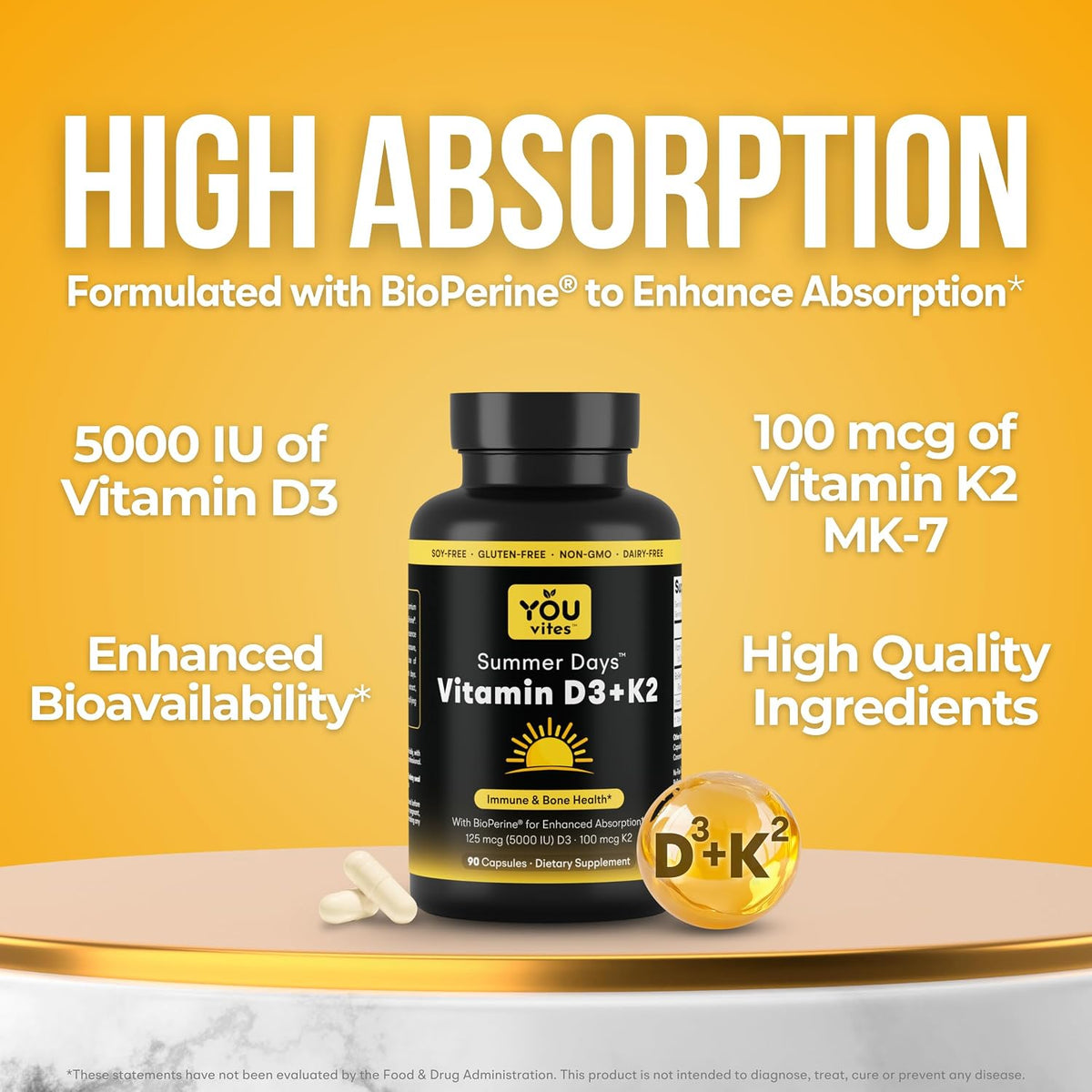 Vitamin D3 + K2 - Max Absorption, 5000 IU D3 & 100 mcg K2 MK-7 (Menaquinone-7) with BioPerine - Bone, Heart & Immune Support - Non-GMO, Gluten Free, Soy Free - 90 Capsules - Daily Supplement