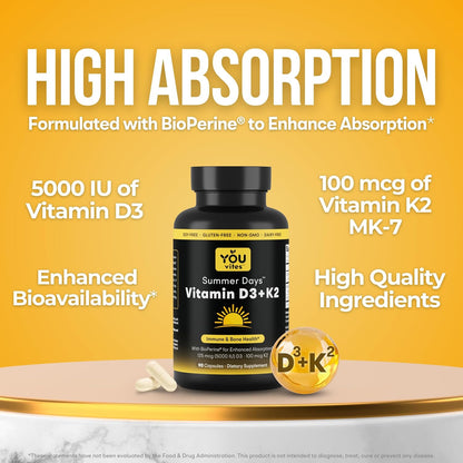 Vitamin D3 + K2 - Max Absorption, 5000 IU D3 & 100 mcg K2 MK-7 (Menaquinone-7) with BioPerine - Bone, Heart & Immune Support - Non-GMO, Gluten Free, Soy Free - 90 Capsules - Daily Supplement